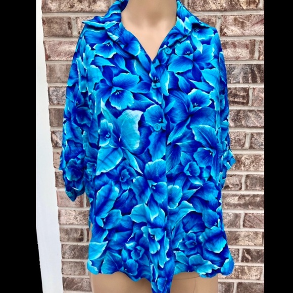 Vintage 80s Bright Blue Floral Hawaiian Shirt - Picture 3 of 7